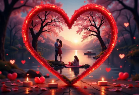 A hyper-realistic close-up of a heart. Inside the heart, a romantic landscape is seen, showing a quiet riverside scene at sunset, with a couple enjoying a romantic picnic on a colorful blanket with a little heart print. The surrounding cherry blossoms are reflected in the calm water, their heart-shaped leaves whispering softly in the breeze. A few red candles flicker nearby, casting a warm, golden light across the scene.,