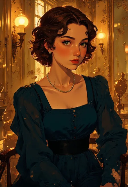 A woman with rich auburn hair, styled in a simple yet elegant low chignon, exudes effortless grace. She wears a deep sapphire blue gown with a modest, square neckline, reminiscent of the Regency era, its flowing fabric draping gracefully over her frame. Around her neck, a single strand of pearls rests delicately, adding a touch of understated luxury. Her emerald-green eyes, filled with quiet intensity, gaze softly downward, lost in thought.
The warm, golden background complements the cool, rich blue of her gown, creating a harmonious balance of color. The soft, diffused lighting bathes her porcelain skin in a warm glow, accentuating the gentle curves of her collarbone and shoulders. The contrast between light and shadow adds depth, evoking the look of a timeless oil painting, as if she has stepped out of history.
Her expression is serene yet captivating, her lips softly parted, conveying both mystery and quiet strength. Her posture is poised yet natural, her hands resting lightly in her lap, embodying the elegance of a forgotten era. The composition is minimal yet striking, allowing the interplay of color, light, and historical refinement to create an image both stunning and timeless.