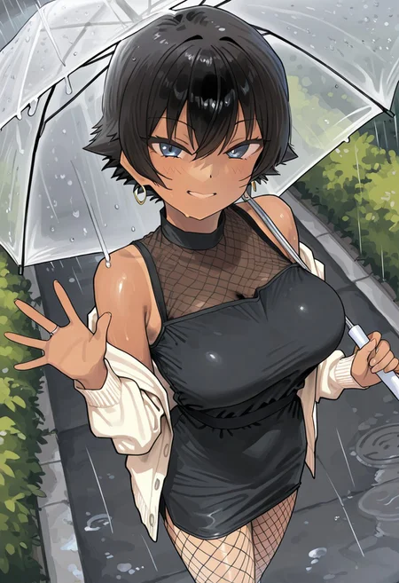 score_9, score_8_up, score_7_up, score_6_up, source_anime, BREAK, 1girl, solo, (( <lora:kaedeko_style:1> , kaedeko_style, sasaki_hotaru, piercing blue eyes, clear eyes, bright pupils, beautiful eyes, beautiful black hair, beautiful short bob haircut, bangs, huge and shaggy breasts, thin waist, wide hips, busty woman, beautiful lightly tanned skin, natural beauty, extraordinary beautiful woman, attractive woman, super sexy woman, lustful body, sexy woman with seductive obscene body, sensual body, voluptuous body, sexy beauty, )) , gold hoop earring, masterpiece, best quality, highly detailed, ultra-realistic, female focus, anime coloring, subsurface scattering, realistic shading, natural lighting, raining, sunshower, sunny, summer theme, holding umbrella, 1hand waving, female focus, looking at viewer, expressive face, sweet smile, outdoors, road, bush, from above, dynamic angle, intricately detailed illustration, depth of field, masterpiece, best quality, amazing quality, very aesthetic, absurdres, newest, sexy erotic obscene off-shoulder sleeveless dark dress, light color cardigan with dark color edge, sexy fishnet pantyhose, earrings, wedding ring,