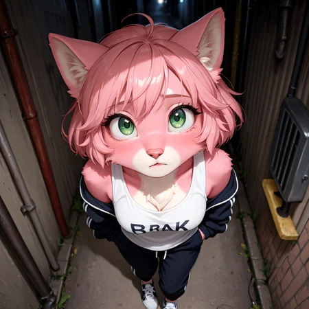 masterpiece, best quality, amazing quality, very aesthetic, high resolution, ultra-detailed, absurdres, newest, scenery, furry, anthro, {Prompt}, BREAK, detailed background, detailed hair, depth of field, detailed fluffy fur, photorealistic details, no lighta


Sakura, pink fur, two tone, Cat ears, Green eyes,adult

BREAK

, alley, track shoes, black baggy track pants, white tank top, black track jacket, head turned to side, looking up, viewed from above
, looking at viewer, looking tired, facing viewer, gang symbols, (((focus face:1.2))),grabbing viewer's shirt, pulling viewers shirt
 

