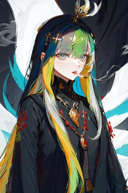 masterpiece,best best quality, 1girl, <lora:Smoking:0.8>,(smoke,smoking), looking at viewer,water,wave,bangs, eyebrows_visible_through_hair, green_hair,  grey_eyes, hair_between_eyes, hair_ornament, long_hair, looking_at_viewer, multicolored_hair,  solo,jewelry,<lora:Qu:0.6>