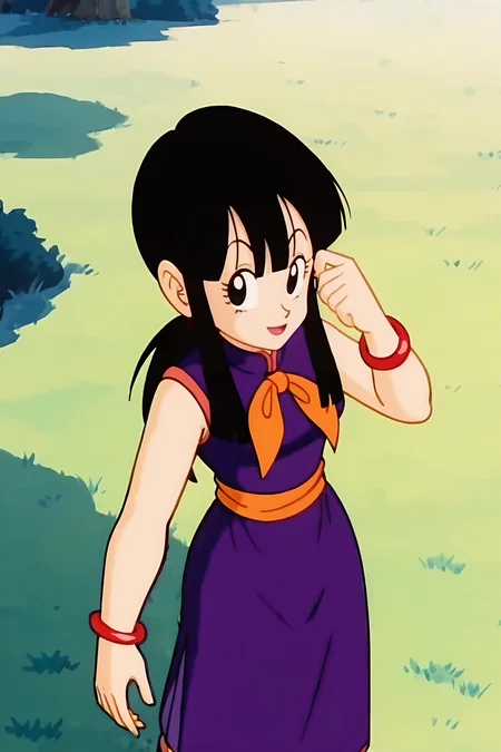 source_anime, score_9, score_8_up, score_7_up, anime screencap,8k, absurdres,
chi-chi, aged up, long hair, bangs, black hair, ponytail, sidelocks, blunt bangs, black eyes, bracelet, purple dress, orange neckerchief, orange sash,, selfie, from above, tree, grass,
<lora:chichidb_pony_v2:0.8>