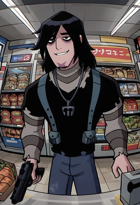 masterpiece, best quality, amazing quality, very aesthetic, absurdres, newest,
kevinov, black hair, bags under eyes, long hair, black eyes, necklace, goatee, layered sleeves, black shirt, long sleeves, short over long sleeves, torn clothes, striped sleeves, jeans, overall belt, 
dynamic pose, grocery store, gas station, supermarket, japanese supermarket, fisheye, holding gun, smile, teeth, pistol, gas station counter,