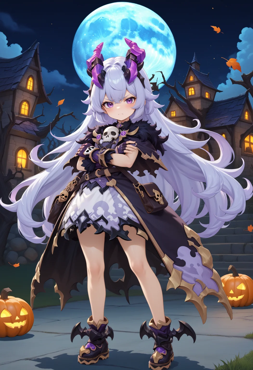 masterpiece, best quality, very aesthetic, absurdres, rom_hela_xl,
1girl, purple hair, horns, purple eyes, grumpy, skull on chest, fingerless gloves, saddlebag,
full body, standing, crossed arms, haunted house, withered trees, bats, halloween bucket, pumpkin,
outdoors, moon, (wind, falling leaves, light particles:1.4), light rays, tyndall effect, vivid colors, tranquil and magical atmosphere,
shiny skin, beautiful face, beautiful eyes, extreme detailed, official art, professional illustration, hires,
<lora:rom_hela_xl:1>, <lora:aesthetic_anime_v1s:0.5>, <lora:add_details_xl:0.5>