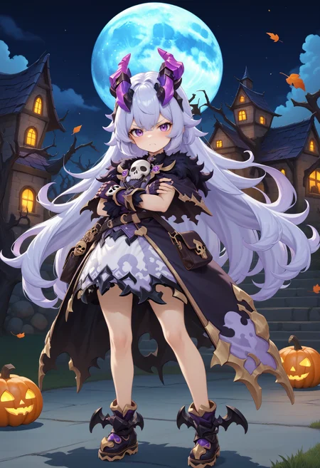 masterpiece, best quality, very aesthetic, absurdres, rom_hela_xl,
1girl, purple hair, horns, purple eyes, grumpy, skull on chest, fingerless gloves, saddlebag,
full body, standing, crossed arms, haunted house, withered trees, bats, halloween bucket, pumpkin,
outdoors, moon, (wind, falling leaves, light particles:1.4), light rays, tyndall effect, vivid colors, tranquil and magical atmosphere,
shiny skin, beautiful face, beautiful eyes, extreme detailed, official art, professional illustration, hires,
<lora:rom_hela_xl:1>, <lora:aesthetic_anime_v1s:0.5>, <lora:add_details_xl:0.5>
