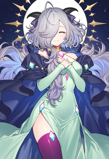 (score_9, score_8, score_7), masterwork, masterpiece, best quality, beautiful eyes, beautiful face, detailed eyes,detailed face, 1girl, eitr01, long silver hair, side-swept bangs, black curved horns,
mint green dress, ivory outer layer, deep violet inner skirt, high slit dress,
purple thigh-high stockings, navy blue and violet cape,
shiny crystal decorations, glowing light blue and pink gems, golden choker with geometric ornament, dynamic angles,closed eyes, smile,happy