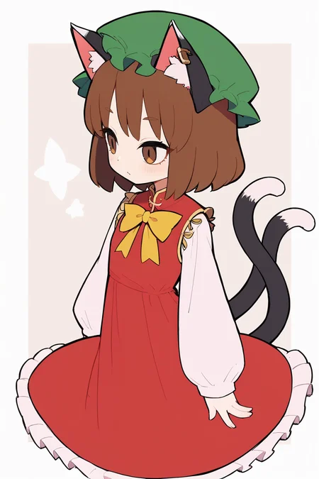 score_9, score_8_up, score_8, score_9, 1 girl,  source_anime, <lora:chen_pony-10:1>, chen, brown hair, brown eyes, cat ears, red dress, long sleeves,  green hat, mob cap, two tails, flat chest, white_sleeves, yellow ribbon, frills,  <lora:Eiken3kyuboy_Artist_Style_ponyXL-000018:0.8>