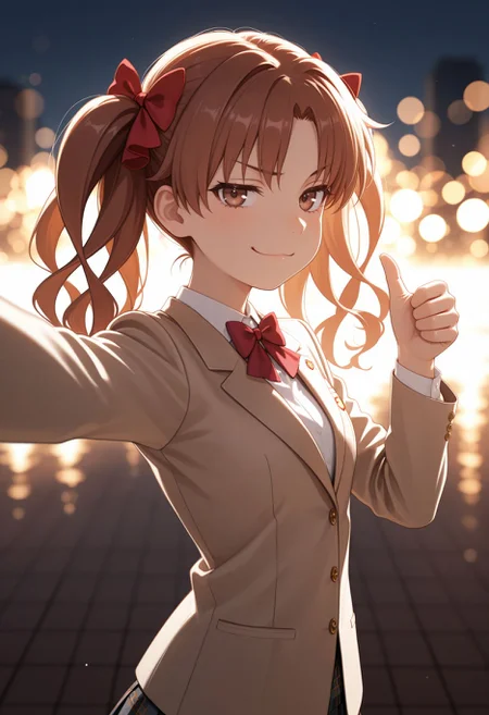 masterpiece,best quality,absurdres,highres,very aesthetic,high quality,detailed,insanely detailed,beautiful,perfect lighting, ,depth of field,blurry background,bokeh, looking at viewer,
(thumbs up),arm up, reaching hand, smile,close-up, very awa, masterpiece, best quality, highres, absurdres, newest, white background,
front view, from side, smug,, looking at viewer, v sign, v, <lora:Shirai illu:1> 1girl, brown eyes, brown hair, long hair, twintails, parted bangs, hair bow,
tokiwadai school uniform, winter uniform, red bowtie, brown jacket, plaid skirt, white shirt, blazer, pleated skirt, closed mouth, hairpin, collared shirt, long sleeves, miniskirt, dress shirt,