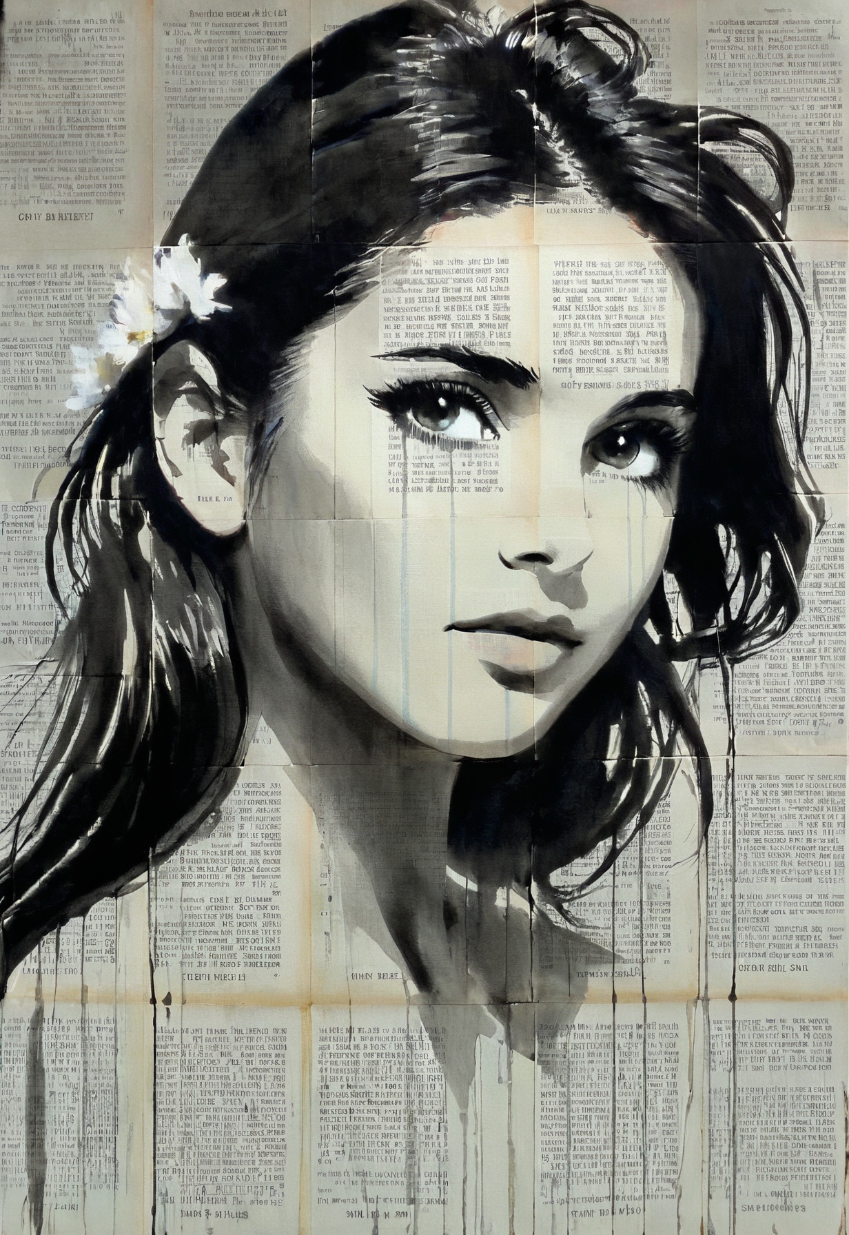 1girl, by LOUI JOVER, solo, monochrome, newspaper background, looking at viewer, black hair, long hair, portrait, upper body, traditional media, hair behind ear
<lora:LOUIJOVER#SXDL1.0#by Loui Jover#v2.00#-000006-rs.sv_fro.0.999-nr.0128:0.85>