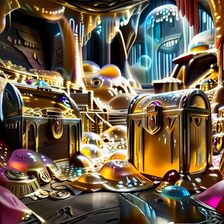 chalice made out of slime, fancy cup made out of slime, fancy chalice made out of slime, Detailed chalice made out of gold slime, Gem-studded slime chalice, multi-colored gems made out of slime, in a room of treasure made out of slime,  gold coins and bars made out of slime, wood-like treasure chest made out of slime, wood-colored slime chest, 
treasure-room, treasure, treasure chest, gemstone, coins, gold bars, gold pile, 
everything made of slime, No simple background,
((translucent slime)), ((transparent slime)), (bioluminescent slime), sl1m3, slime, great lighting, even lighting, no bright spots,
