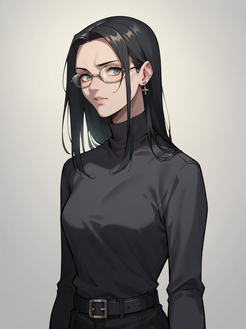 score_9, score_8_up, score_7_up, score_6_up,  <lora:BBXLP:1> (BB), black bible, cel shading, 1girl, glasses,