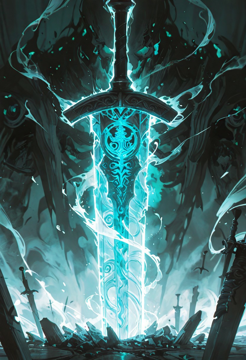 A close-up reveals the hilt of a shattered runic sword, its ancient engravings glowing faintly. From the jagged break, wisps of ethereal light swirl outward, forming tortured faces and ghostly silhouettes. The air vibrates with whispers and agonized wails as the souls of the damned escape, their forms twisting and writhing in a chaotic dance of despair. Shadows flicker, and the atmosphere feels heavy with the weight of their torment.