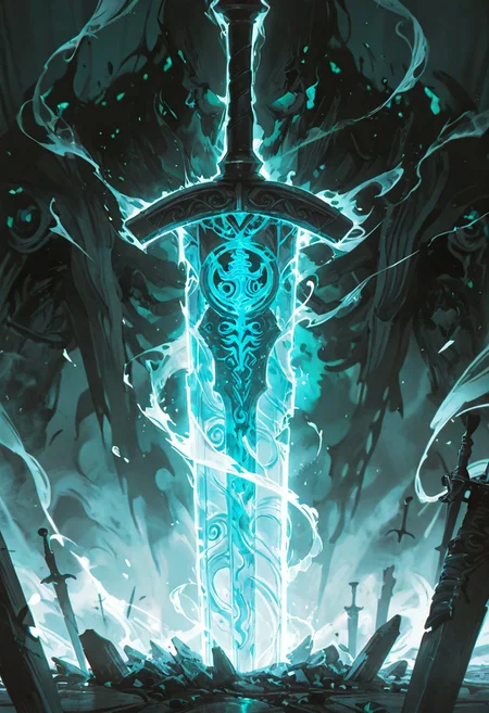 A close-up reveals the hilt of a shattered runic sword, its ancient engravings glowing faintly. From the jagged break, wisps of ethereal light swirl outward, forming tortured faces and ghostly silhouettes. The air vibrates with whispers and agonized wails as the souls of the damned escape, their forms twisting and writhing in a chaotic dance of despair. Shadows flicker, and the atmosphere feels heavy with the weight of their torment.