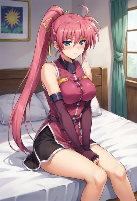score_9,score_8_up,score_7_up,anime coloring BREAK source_anime,anime,<lora:Signum_Magical_Girl_Lyrical_Nanoha:0.8>,signum,1girl,solo,long hair,ahoge,pink hair,ribbon,hair ribbon,ponytail,blue eyes,magical girl,gloves,fingerless gloves,shy,sitting,arm support,indoors,bedroom,on bed,looking at viewer,
