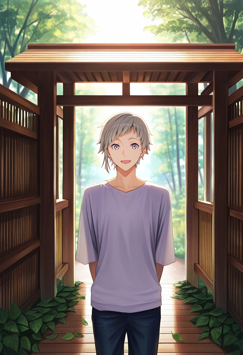 masterpiece, best quality, , semi-realistic, looking at viewer, 1boy, solo, male focus, <lora:atsushi_nakajima_ilxl:0.98>, atsushi_nakajima, grey hair, yellow eyes, multicolored eyes, purple eyes, short hair, , forest market, tree stalls, leaf paths, wooden shops, shopping pose, happy expression, morning,