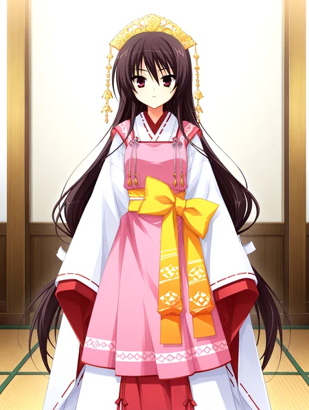 masterpiece,best quality,newest,absurdres,highres,detailed eyes,beautiful,detailed background,solo,perfect eyes,anime coloring,full_shot,anime screencap,
nsfw,explicit,<lora:add-detail-xl:1>,<lora:ponyv4_noob1_2_adamW-000017:0.8>,wear clothes,
1girl,
looking at viewer,standing,
<lora:il-unohana-sakuya-KAMI:1>,il-unohana-sakuya,1girl,ukami outfit,solo,very long hair,wearing a pure white furisode kimono with long flowing sleeves and a floor-length hem,layered with red and pink fabrics,shrine maiden ceremonial outfit,ornate embroidery,golden headdress,yellow and orange obi tied in a large diagonal bow with patterned tails,a pink upper long apron integrated into the outfit,a ceremonial deep red pleated inner garment trailing beneath the outer white kimono,