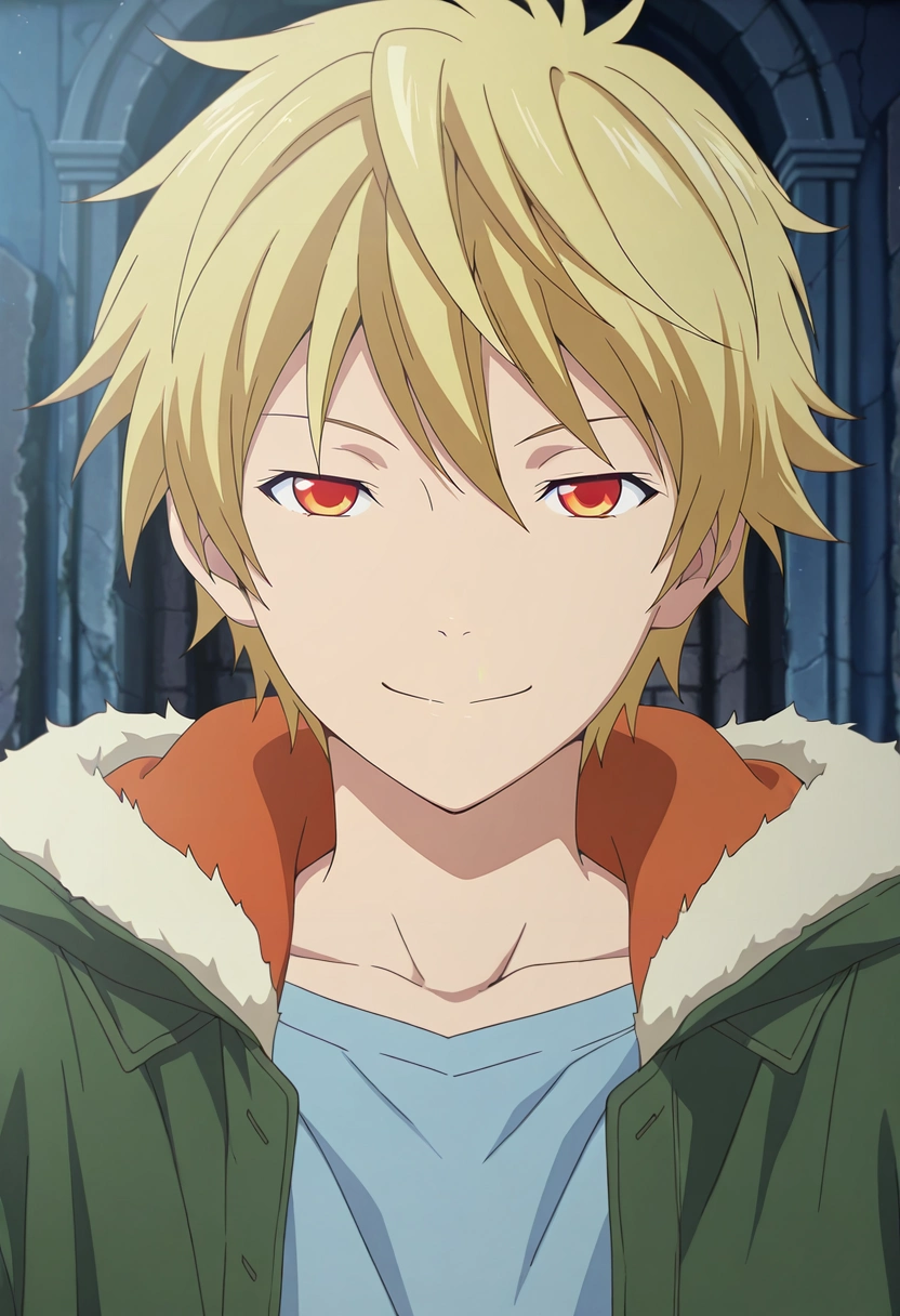 masterpiece, best quality, , anime screencap, anime coloring, official style, looking at viewer, 1boy, solo, male focus, <lora:yukine_noragami_ilxl:1>, yukine_noragami, blonde hair, red eyes, orange eyes, , close-up, ancient ruins, indoors, holding object, half-closed eyes, smile,