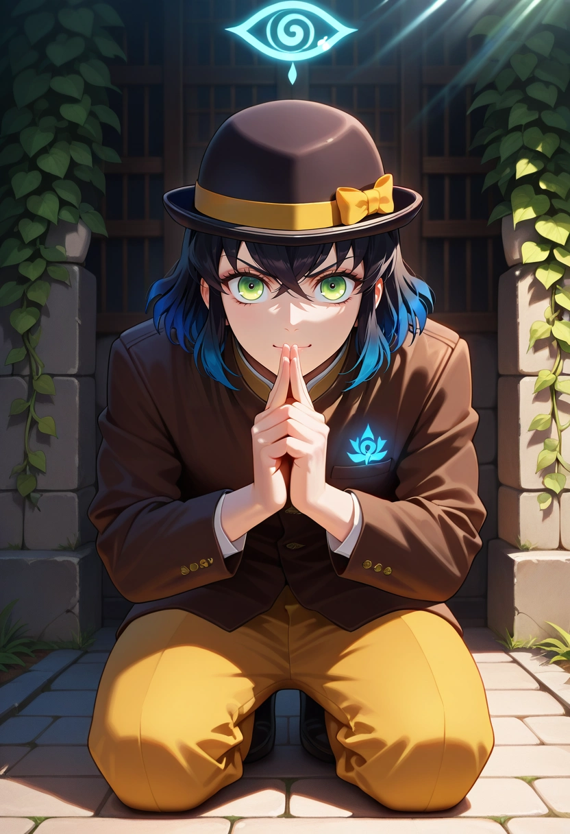 masterpiece, best quality, intricate details, (photorealistic:0.6), looking at viewer, 1boy, solo, male focus, <lora:inosuke_hashibira_ilxl:0.98>, inosuke_hashibira, black hair, green eyes, blue hair, multicolored hair, bangs, short hair, hair between eyes, gradient hair, two-tone hair, , temple, vine, stone wall, glowing symbol, sunbeam, praying, kneeling pose, serene expression, jacket, bowler hat
