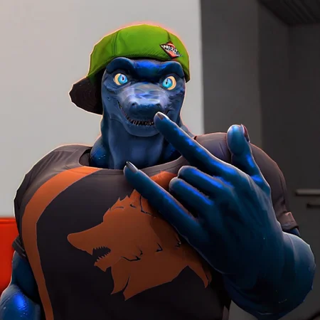 score_9, score_8_up, score_7_up, RTZERO, 3D, cobaltRTZ, 1boy, Lizard, blue scales, blue eyes, looking at viewer, well builded, smiling, cap backwards, big chest, male boobs, gray shirt, front view, green cap,big body, bara, \m/, r0ck0n pose, torso shot, rock on gesture