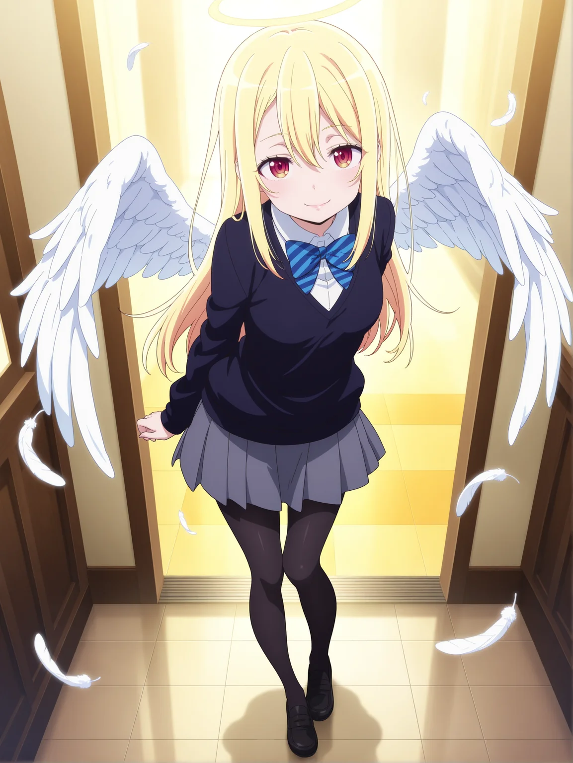 best quality,amazing quality,<lora:Lily Amane:1>,lily amane,seductive smile,full body,school uniform,pantyhose,angel wings,standing,
