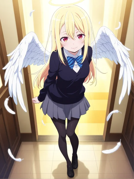 best quality,amazing quality,<lora:Lily Amane:1>,lily amane,seductive smile,full body,school uniform,pantyhose,angel wings,standing,