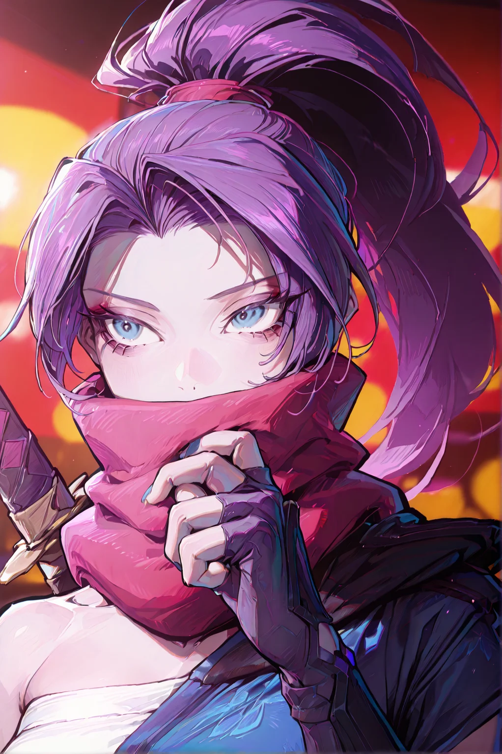 1girl, solo, (portrait:1.5), 30y, <lora:Psylockev1_Illu_Dwnsty:1> psylocke_mvr, blue eyes, purple hair, high ponytail, parted bangs, long hair, red scarf, scarf over mouth, japanese clothes, chest sarashi, kimono, sash, red belt, obi, single shoulder pad, fingerless gloves, arm guards, nail polish, blue nails, black footwear, blue thighhighs, sheath, weapon on back, blurry background, <lora:cgel-style-richy-v1_ixl:1>, <lora:princess_xl_v2:1>, <lora:illustrious_noobai_epsilon_pred_11_very_aesthetic_v1:1> masterpiece, best quality, very aesthetic, absurdres, <lora:illustrious_noobai_epsilon_pred_1_best_quality_v1:0.8> masterpiece, best quality, very aesthetic, absurdres, masterpiece, best quality, amazing quality, very aesthetic, absurdres, ultra-detailed, newest