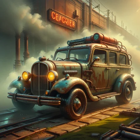Score_9,Score_8, industrial world, fog, vehicle focus, a group of people standing around a muscle car