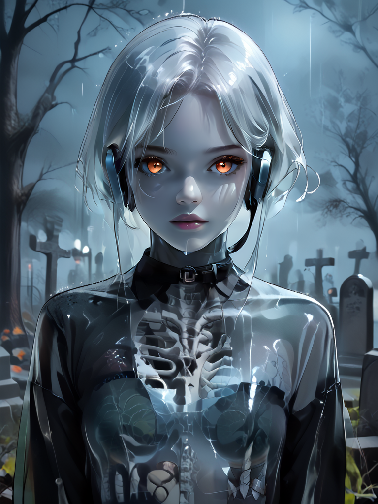 score_9, score_8_up, score_7_up, source_anime, source_western, source_comic BREAK 1girl, (young female ghost leaning forward, arms behind back), over urban graveyard, short white hair, pale skin, blue skin, orange eyes BREAK (wearing leather jacket, printed t-shirt, white headset) BREAK night, rain, high shot, close shot, realistic, cinematic lighting, masterpiece <lora:add-detail-xl:1.5> <lora:pony_color_theory_dora_v1:0.9> blue theme, blue, orange <lora:goth_clothes_v2:0.6> <lora:Expressive_H:0.8> Expressiveh <lora:Ghost_Girl:0.6> ghost, spirit, ghost girl, translucent, translucent skin, transparent skin, translucent hair <lora:Translucent_Bodies_Pony_XL_v2:0.45> ghost, translucent, translucent_girl <lora:X-Ray:0.6> xray, monochrome, bones, skeleton <lora:TransparencySlider:1> <lora:GTHAN:0.8> GTHAN, Gothic