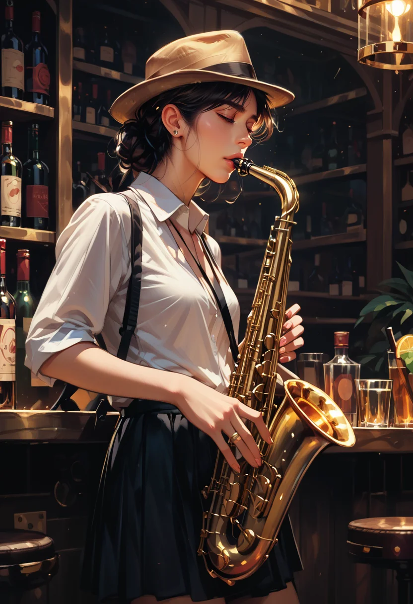 score_9, score_8_up, score_7_up, score_6_up, score_9, score_8_up, score_8, 1woman, SH_S4X, standing, bar, instrument, solo, solo focused, fedora, eyes closed, playing instrument, <lora:Sheeps_Saxophone:0.8>