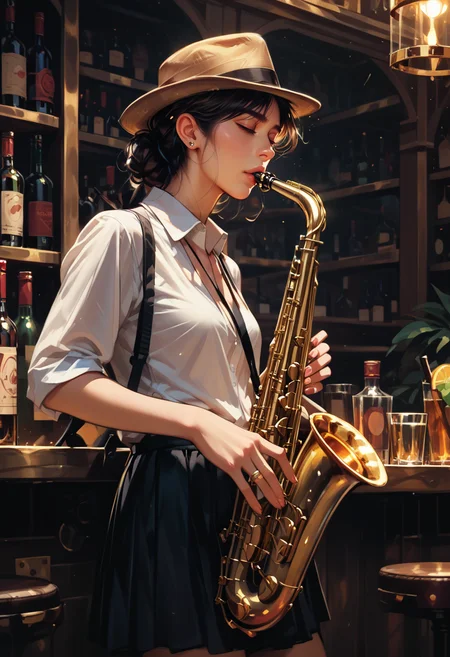 score_9, score_8_up, score_7_up, score_6_up, score_9, score_8_up, score_8, 1woman, SH_S4X, standing, bar, instrument, solo, solo focused, fedora, eyes closed, playing instrument, <lora:Sheeps_Saxophone:0.8>