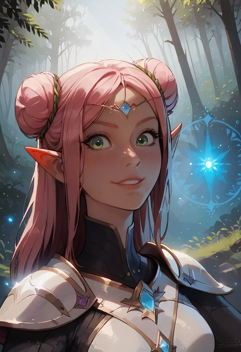 safe_pos, safe_pos, (masterpiece), highest quality, upper body, 1girl, sexy elf sorceress, pink hair, double bun hair, perfect detailed green eyes, beautiful detailed face, slim, small breasts, silver elven armor, (confident smile), hands pulsating with blue magic energy, ( blue magic effects), (casting spell), dynamic pose, blue magic particles, glowing particles, outdoors, daytime, serene forest, detailed background