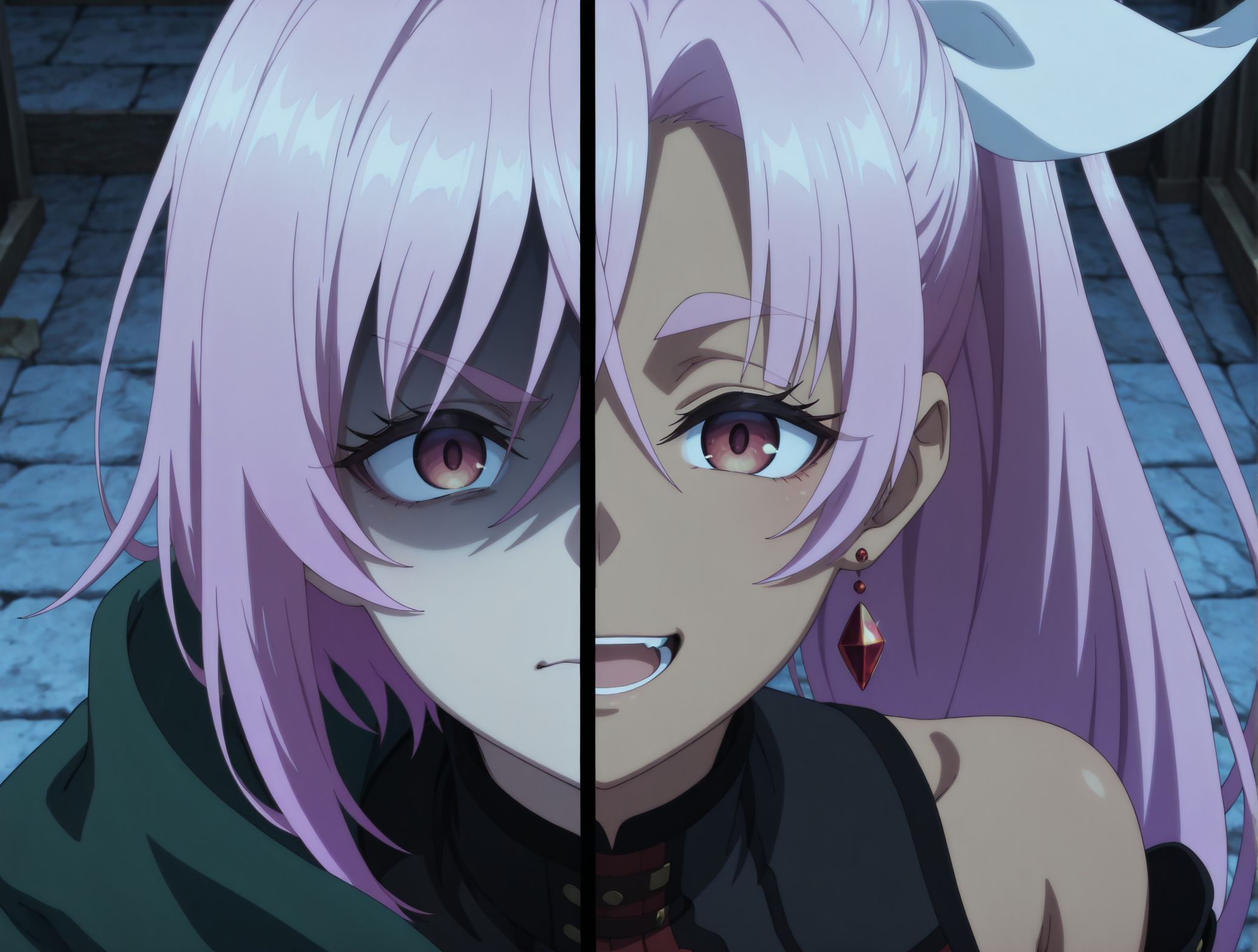 masterpiece,best quality,amazing quality,very aesthetic,absurdres,newest, huge filesize,
<lora:spo_sdxl_10ep_4k-data_lora_webui:0.5>,nageki no bourei wa intaishitai, official art, 
 1girl, SplitScreen, split screen, upper body, <lora:SplitScreen_illusXL_Incrs_v1:1>, 
BREAK
 1girl, SplitScreen, split screen, upper body, shaded face, 
pink hair,short hair,green cloak,
bow at the neck,black outfit,leather belt,
pouches,
 black pantyhose, 
confident expression,
medieval-inspired design,fantasy attire,
<lora:Let_This_Grieving_Soul_Retire_Sitri_SMART_IL:0.8>
BREAK
 1girl, SplitScreen, split screen, upper body, smile, 
 1girl, dark skin, pink hair, long hair, red eyes, single sidelock, jeart-shaped earrings, ponytail, ribbon, tube top, bare shoulders, detached sleeves, fingerless gloves, single gauntlet, red denim shorts, fur trim, belt, strap, pouch, thigh holster, greaves, indoors, tavern, smile, open mouth, closed eyes <lora:Liz_nageki_illus_v2_r1:0.8>,