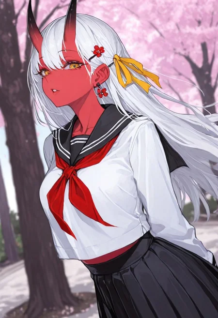 masterpiece, best quality, amazing quality, 1girl, hair ornament,
8K, illustrating, CG, detailed-eyes, detailed background, cute girl, eyelashes, lowlight
BREAK
sexy, slutty, hot, aroused,
BREAK
detailed background, eyelashes, erotic, looking seductive, coy. dynamic action image, detailed face, detailed eyes, direct mesmerizing gaze,
BREAK
(EyesHD:1.2), (4k,8k,Ultra HD), masterpiece, best quality, ultra-detailed, very aesthetic, sharp focus, depth of field, ray tracing, best lighting, detailed illustration, detailed background, cinematic, beautiful face, beautiful eyes,
BREAK
Aka-Oni, oni, colored skin, red skin, smooth horns, black horns,
BREAK
long hair, looking at viewer, shirt, skirt, long sleeves, hair ornament, ribbon, school uniform, white shirt, upper body, hair ribbon, flower, outdoors, earrings, pleated skirt, parted lips, day, serafuku, hairclip, black skirt, sailor collar, blurry, tree, neckerchief, blurry background, arms behind back, cherry blossoms, red neckerchief, black sailor collar, yellow ribbon,wind