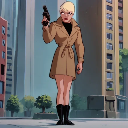 score_9, score_8_up, score_7_up, 1girl, solo, lipstick, blonde hair, short hair, black eyes, coat, boots, Maggie Sawyer (dc), standing looking away, middle of the city, holding gun