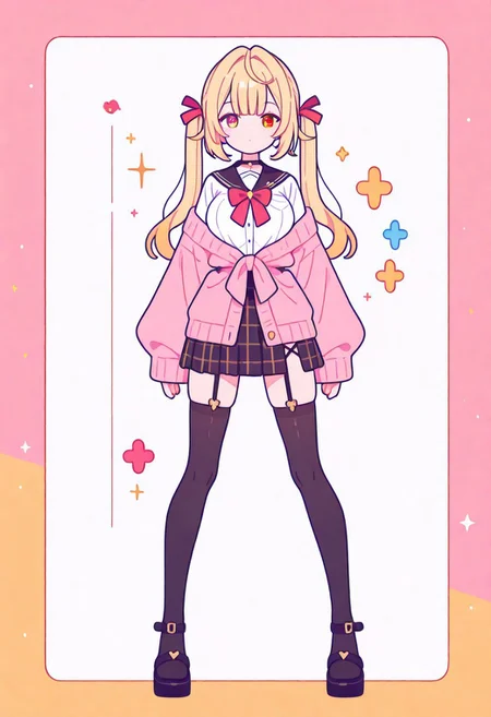 Flatline, Flat vector illustration, looking at viewer, full_body, 
nijisara, large breasts, heterochromia, red eye, yellow eye, blonde hair, ltwintails, hair ribbon, long sleeves, red bow, pink cardigan, black thighhighs, plaid skirt, red ribbon, black choker, garter straps, school uniform, 
beautiful breasts, slim, slender, fair skin, clear skin, beauty skin, smooth skin, shiny skin, beautiful legs, long legs, sandals, 
from front, front view, straight-on, look at viewer, standing, (legs apart:1.4), 
white background,