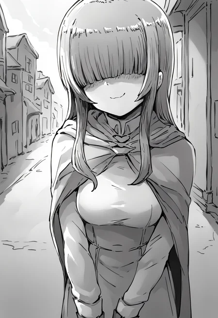 score_9, score_8_up, score_7_up, score_6_up, score_5_up, score_4_up, source_anime, uncensored, zPDXLxxx, <lora:intricate_details:0.5> intricate_details_xl, outdoors, town, sunlight <lora:Orenji_ArtStyle_for_PonyXL:1> orenjistyle, (br4tty,:1.1) upper body, profile picture, cowboy shot,
<lora:Momo_MCFIEC_v1.0:0.8> Momo, 1girl, solo, long hair, hair over eyes, monochrome, greyscale, hands on floor, looking at viewer, blunt bangs, hime cut, knee boots, medium breasts, covered eyes, collarbone, long bangs, facing viewer, dress, cape, capelet, (smug:1.1), closed mouth, (v:1.1), standing,