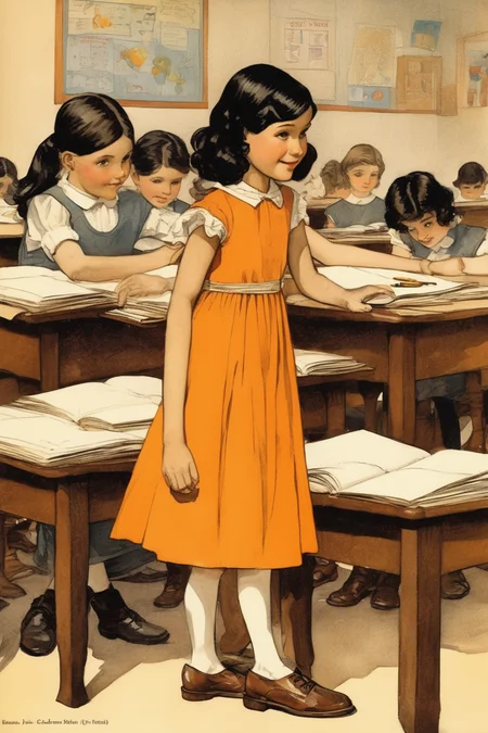 Jessie Willcox Smith Style - a girl of 8 years, black hair, orange dress, brown shoes, eyes shining with curiosity, in school, presenting in the classroom, bright and courageous, brave, bright smile, in style of Randolph Caldecott book illustration