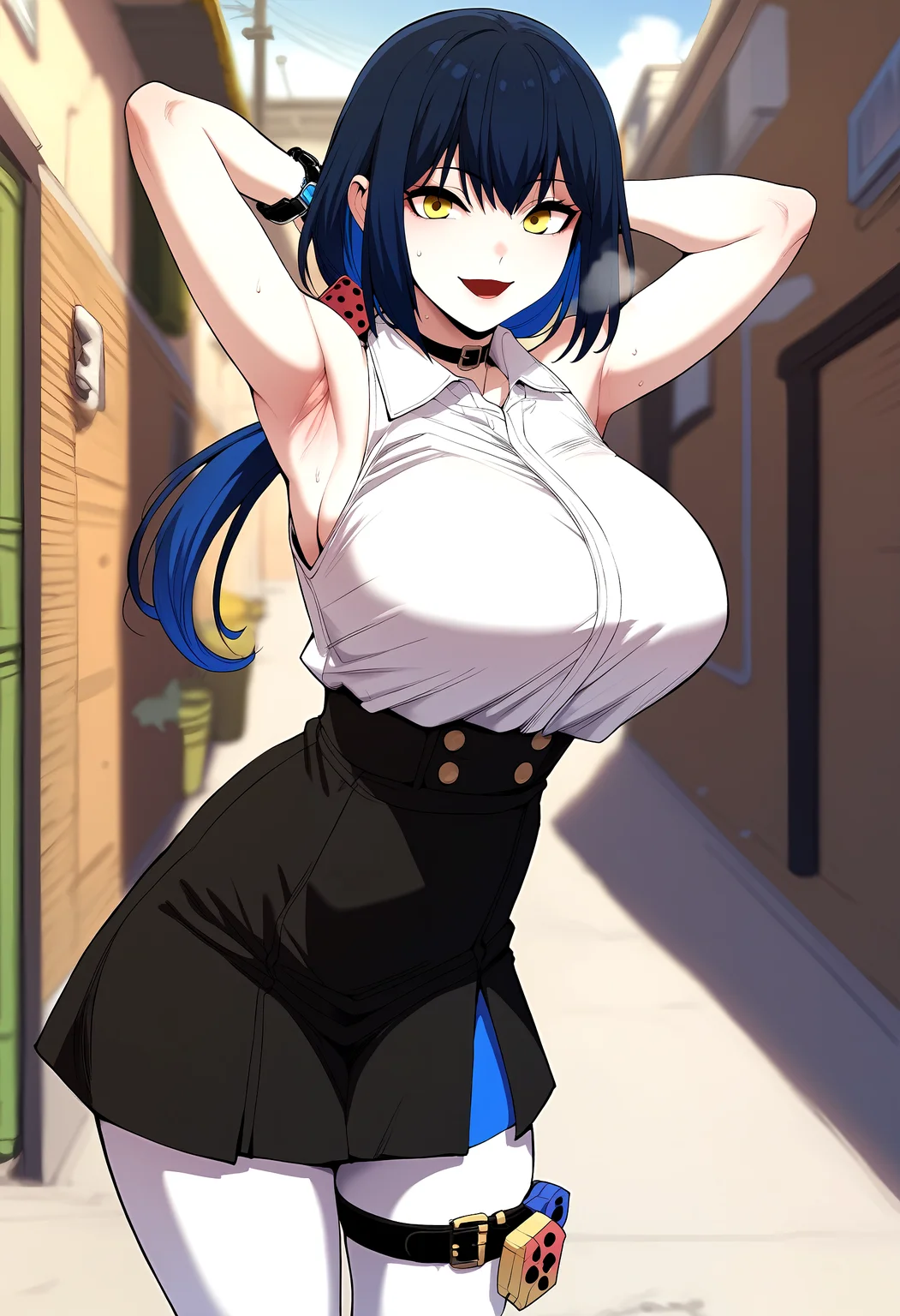 score_9, score_8_up, score_7_up, score_6_up, source_anime, rating_explicit, <lora:neg4all_bdsqlsz_V3.5:2.0>1girl, (solo:1.1), huge breasts, <lora:Bang Yerimponyxl:1> blue hair, black hair, yellow eyes, multicolored hair, short hair, blue nails, low ponytail, dice hair ornament, black choker, collar, white shirt, sleeveless shirt, collared shirt, wristwatch, belt, high-waist skirt, black skirt, white pantyhose, thigh strap, smile, open mouth, Narrow shoulders, heavy breathing, steaming body, alley, indoors, looking at viewer, arms behind head, from side