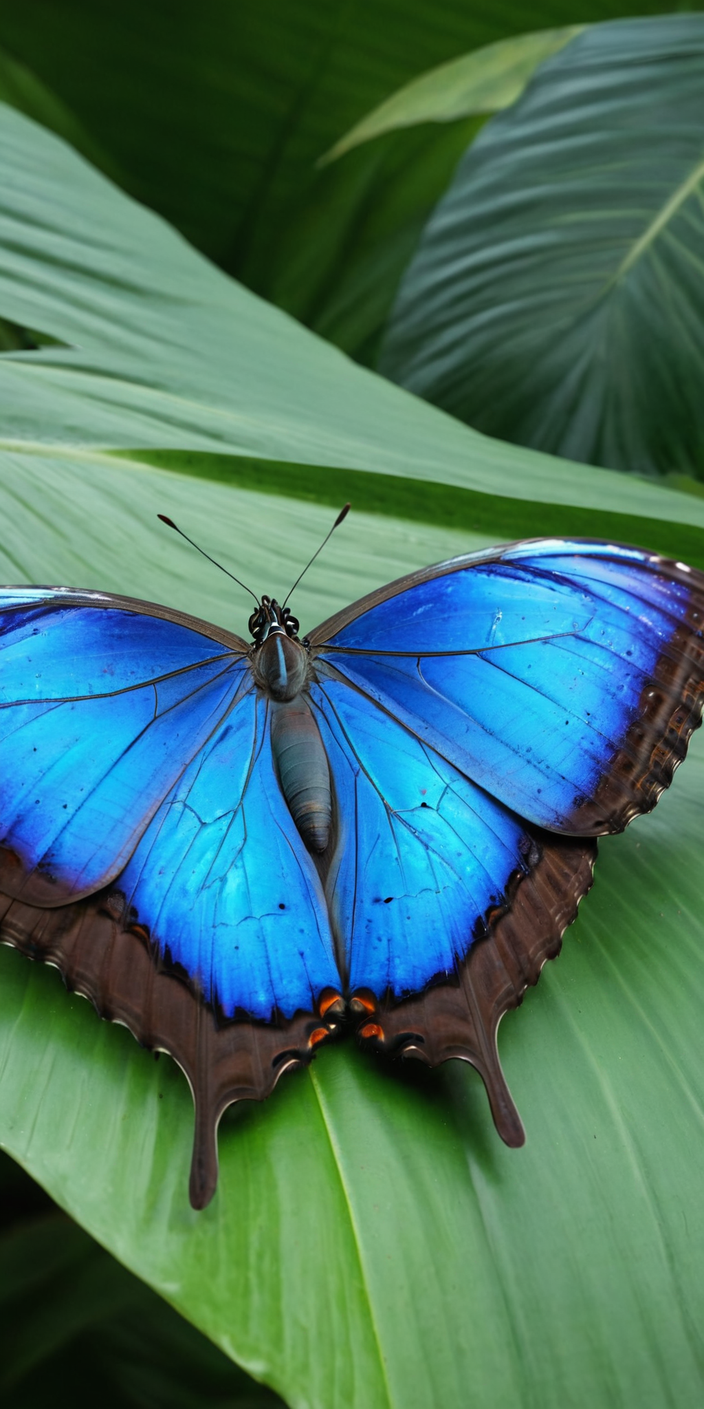 Blue Morpho butterfly, resting, tropical forest, daylight, natural sunlight, no artist, realistic, photography, highly detailed, vibrant colors, Sony camera, 4K, ultra-high-definition, crisp focus,<lora:HMSGå¾®è·è´è¶XL-000010:1>,
