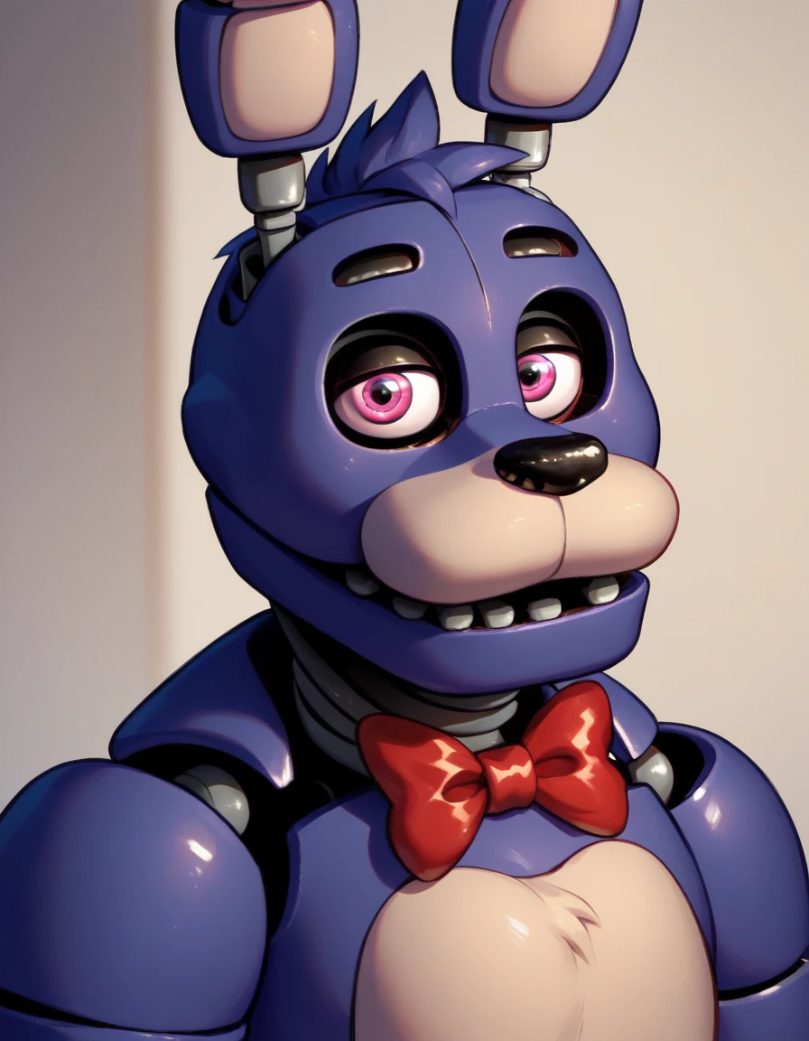 Bonnie_FNAF1, solo, 1boy, bow, animal ears, male focus, bowtie, magenta eyes, rabbit ears, red bow, no humans, robot, red bowtie, furry, robot joints, animatronic, indigo fur,