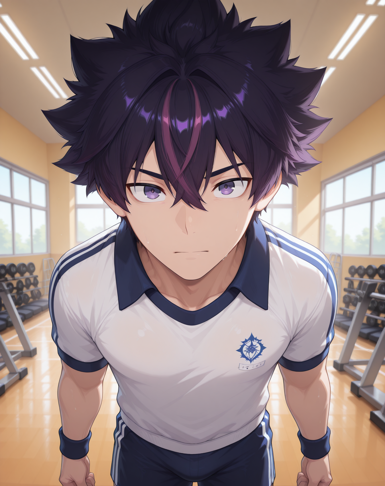 masterpiece,best quality,amazing quality, newest, very aesthetic, absurdres,
1boy, solo, yaoi, male focus, looking at viewer, cowboy shot, standing,
<lora:Sieghart_Old_Limit_Break_ilxl:1> siegolb, spiked hair, black hair, greyeyes, short hair, purple hair, multicolored hair, hair between eyes,
gym uniform, gym shorts, gym shirt,
indoors, gym,