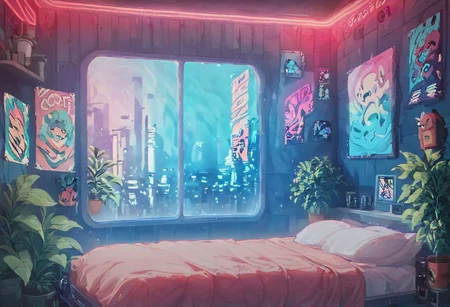 score_9,score_8_up,score_7_up,score_6_up, 
steaming coffee cup on windowsill, plants on the windowsill, wall of plants, monstera plant, large plant, tidy bedrrom, small room, cramped bedroom, teddies on the bed, cyberpunk city view out of the window, neon light, purple neon lights, posters, posters on the wall, anime posters, lewd posters, neon posters