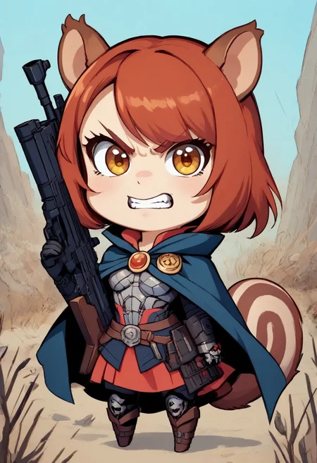 score_9, score_8_up, score_7_up, best quality, fine detail, cute, squirrel girl, chibi, half_cyborg_face, holding rifle, angry eyebrows, roar, futuristic sci-fi wasteland,