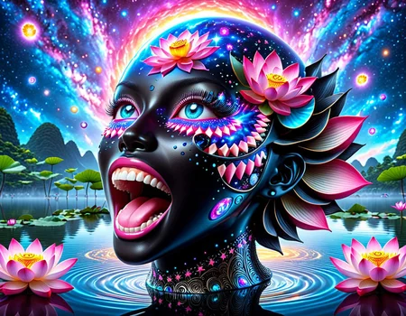 breathtaking helios, black and pink and blue, open mouth, teeth, star (sky), no humans, lotus,water, psy
<lora:helios2:1>
. award-winning, professional, highly detailed