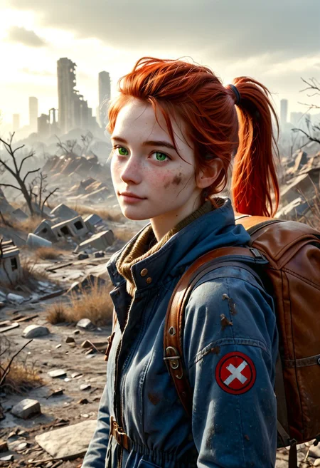 1girl, Masterpiece, 8k, ultra high detail, score_7 up, 
volumetric lighting, vivid colors, vibrant colors,  score_8_up, score_9,  small breast size, sporty red ponytail hair,  fcNeg, stunning green eyes, freckles, white skin, small nose, innocent beauty, slim face,  cute face, skinny body, perfect body, extreme detailed body, intence green eyes,  perfect face, ultra high detailed face, perfect eyes, petite, 
Cold, red dust everywhere, Wandering through ruins, searching for food and goods,  
Wasteland Tribal_Leather_Parka, fur lined, mittens, hood over head,  wasteland clothes, torn and used clothe, 
Dirty, dirty face, dirty skin, backpack filled with stuff,
  simple_big_brown_leather_backpack_full_with_stuff, 
Post Apocalyptic, big city Wasteland, skyscraper ruins,