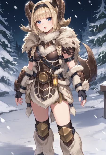 (score_9:0.9),score_8_up,score_7_up,rating_safe,anime style,(zPDXL),<lora:Banbaro beta armor ponyXL v1.2:0.77>,banbaro beta armor,1girl,solo,blue eyes,horn hairband,short hair,open mouth,looking at viewer,blonde hair,white knee boots,white fingerless gloves,standing,:d,blunt bangs,snowing,