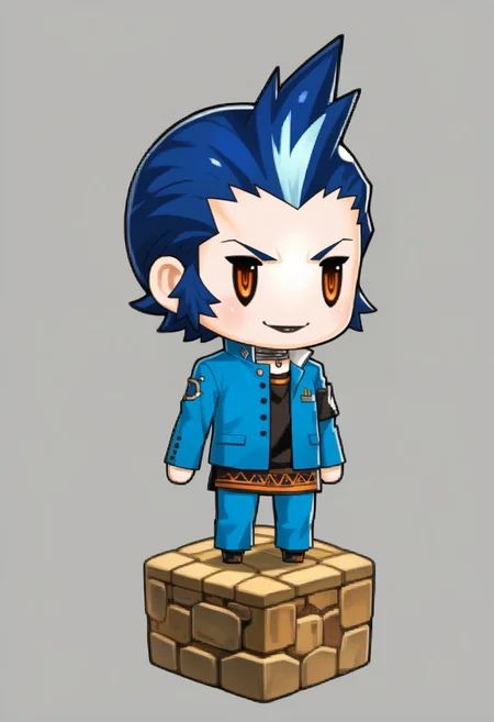 score_9, score_8_up, score_7_up, source_anime, 1boy, solo, smile
<lora:zs_PictlogicaStyleXL:1> ffpictlogicastyle, chibi, full body, faux figurine, white background
<lora:Eikichi-pdxl_Fp:1> eikichi, short hair, orange eyes, blue hair, white hair, multicolored hair, pale skin, black lips, choker, school uniform, blue jacket, black shirt, blue pants, armband