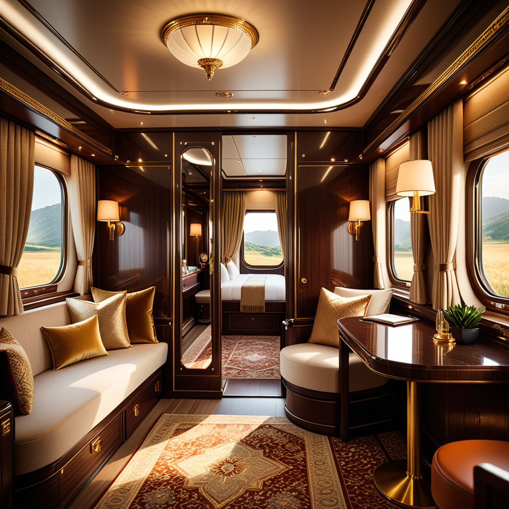 A cozy and luxurious private cabin in a premium train, designed for relaxation and comfort during long journeys. The cabin features rich wooden paneling with a glossy finish, creating a warm and inviting atmosphere. A plush seat upholstered in fine leather or velvet sits by a large window, with soft, golden light streaming in through partially drawn curtains made of heavy, textured fabric.
a vintage lamp with a brass base and a frosted glass shade, casting a soft glow. Above the seating area, a compact storage compartment holds a neatly folded blanket and a small travel bag.
The walls are adorned with subtle art deco patterns and a built-in mirror framed in polished metal. The floor is covered in a luxurious carpet with intricate designs in muted colors. Modern amenities, such as USB charging ports and a control panel for adjusting lighting and temperature, are discreetly integrated. The scene conveys a blend of timeless elegance and modern convenience, perfect for a high-end travel experience.
<lora:SDXLFaeTastic2400:0.4> <lora:extremely_detailed:0.4> extremely detailed, Masterpiece,best quality,hi res,8k,hi res,8k,award winning,(sharp focus, intricate, highly detailed),