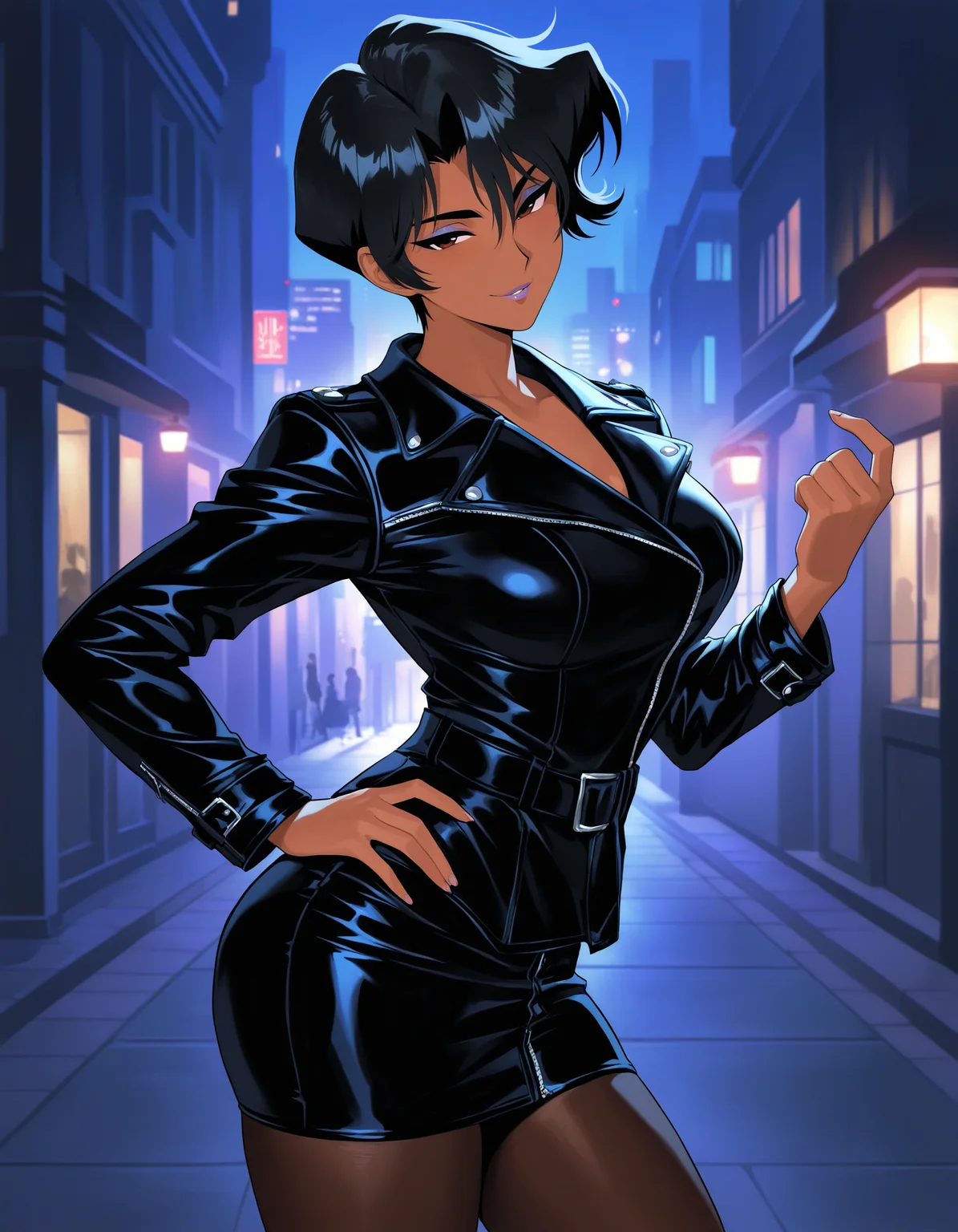 masterpiece, good quality, best quality, absurdres, highres, very awa,
hayami ayuko, standing, hand on own hip, from side, cowboy shot, beckoning,
dark-skinned female, 1girl, solo,
looking at viewer, smirk, seductive smile, half-closed eyes, head tilt,
black hair, short hair, brown eyes, makeup, lips, lipstick,
black coat, black pantyhose, black skirt, leather coat,
thighs, large breasts,
outdoors, city, street, night, sidelighting, city lights,
<lora:Hayami Ayuko 3216 NoobAIXL Vpred:1>
