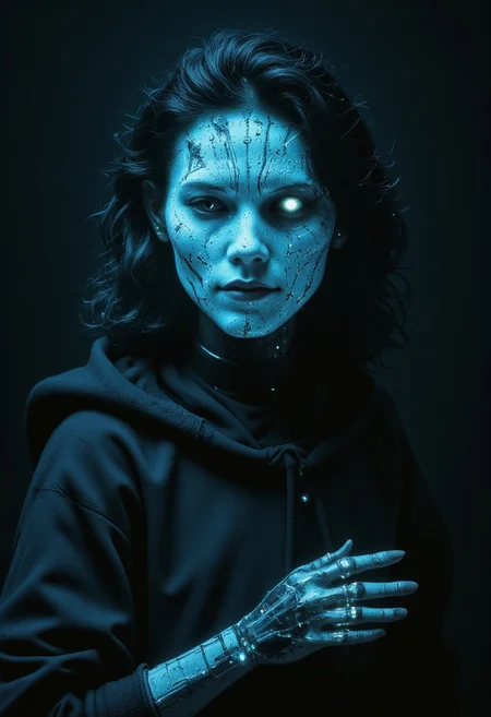 She moves with an eerie, fluid grace, Chiaroscuro Lighting Style, an ethereal blend of organic beauty and advanced technology. Her glowing, cyborg skin pulses with electric blue lines, shifting like the circuitry of a living neural network. With every step, the intricate patterns on her face seem to shift, her hollow eyes glowing with an unsettling, all-knowing aura, as if she is seeing beyond the physical realm. The deep gradient of her skin—from white to pale blue—glows softly, flickering with subtle digital glitches that suggest an intelligence far beyond human.
A trace of humanity lingers in her, an unexpected contrast. partially covered in shadows, The faintest hint of a rugged, slightly muscular form can be seen beneath the smooth, digital surface, like a shadow of a man interwoven with her cybernetic being. Her hair, a tangle of static-like strands, falls loosely over her glowing face, revealing one sharp, piercing eye that gleams with intensity and mischief. A sly grin plays across her lips, an intriguing mix of charm and danger.
The soft monitor light that casts across her creates a haunting ambiance, highlighting the fusion of organic and technological textures. Her attire—an oversized vintage black hoodie paired with sleek, glowing elements—blends seamlessly with the sophisticated yet raw energy of her presence. Each movement is deliberate, a perfect harmony of man and machine, captivating in its unsettling beauty and unreachable depth.